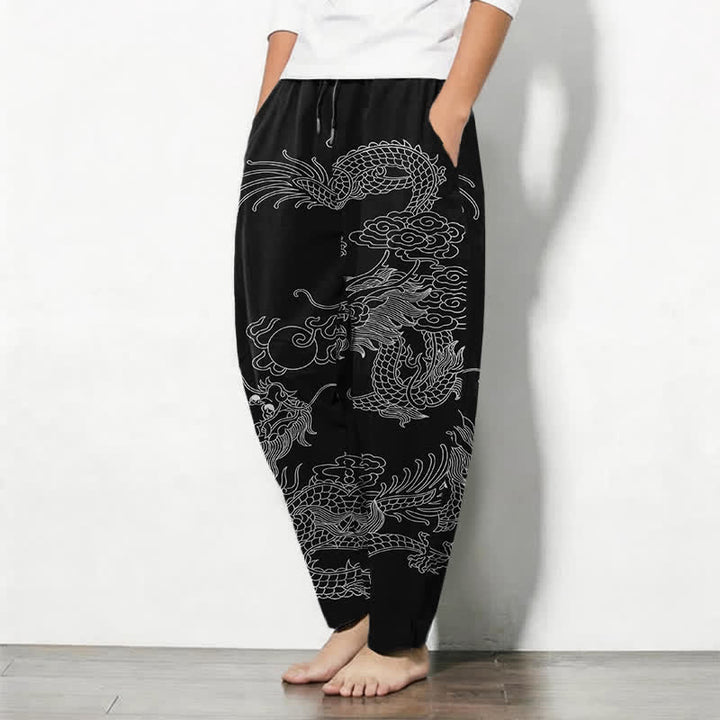 Buddha Stones Pantalones de hombre de algodón puro con estampado de dragón imperial, cordón ajustable y corte cónico, con bolsillos. - image 1