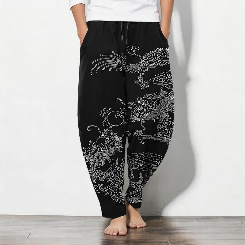 Buddha Stones Pantalones de hombre de algodón puro con estampado de dragón imperial, cordón ajustable y corte cónico, con bolsillos. - Negro - US/UK/AU50, EU60 (5XL) - image 0