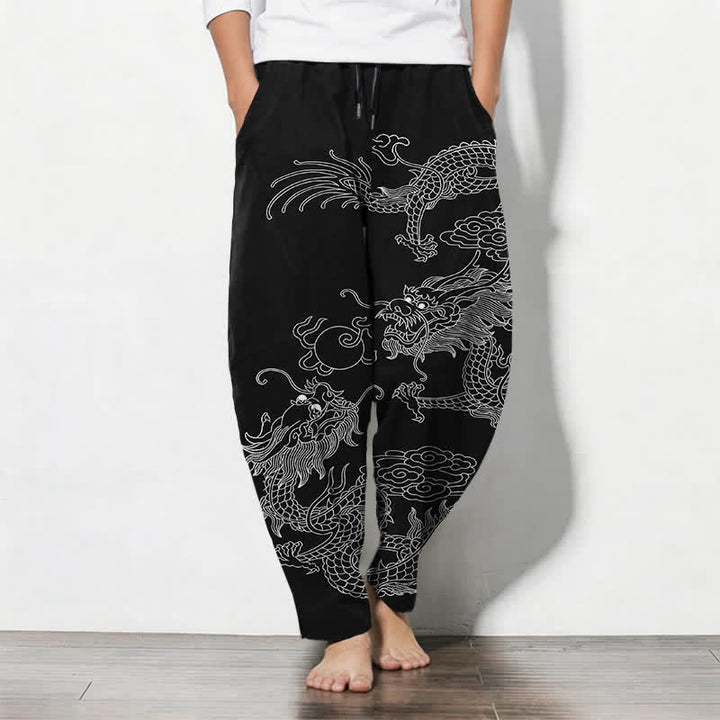 Buddha Stones Pantalones de hombre de algodón puro con estampado de dragón imperial, cordón ajustable y corte cónico, con bolsillos. - Negro - US/UK/AU50, EU60 (5XL) - image 0