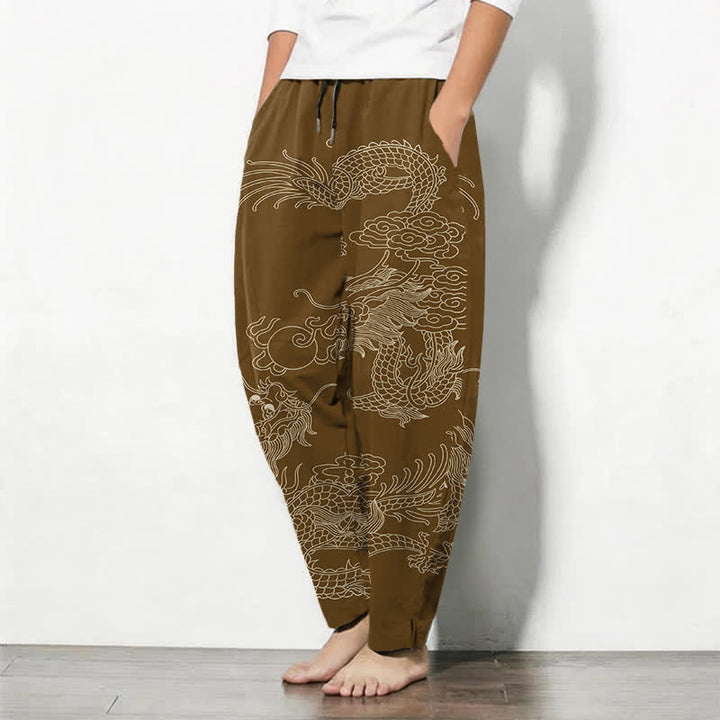 Buddha Stones Pantalones de hombre de algodón puro con estampado de dragón imperial, cordón ajustable y corte cónico, con bolsillos. - image 12