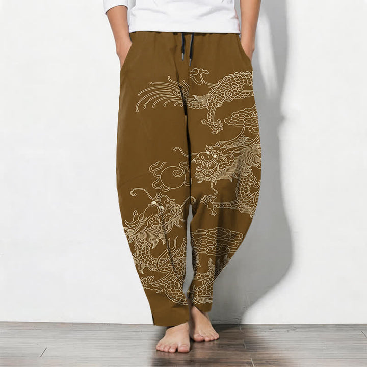 Buddha Stones Pantalones de hombre de algodón puro con estampado de dragón imperial, cordón ajustable y corte cónico, con bolsillos. - Perú - US/UK/AU50, EU60 (5XL) - image 11