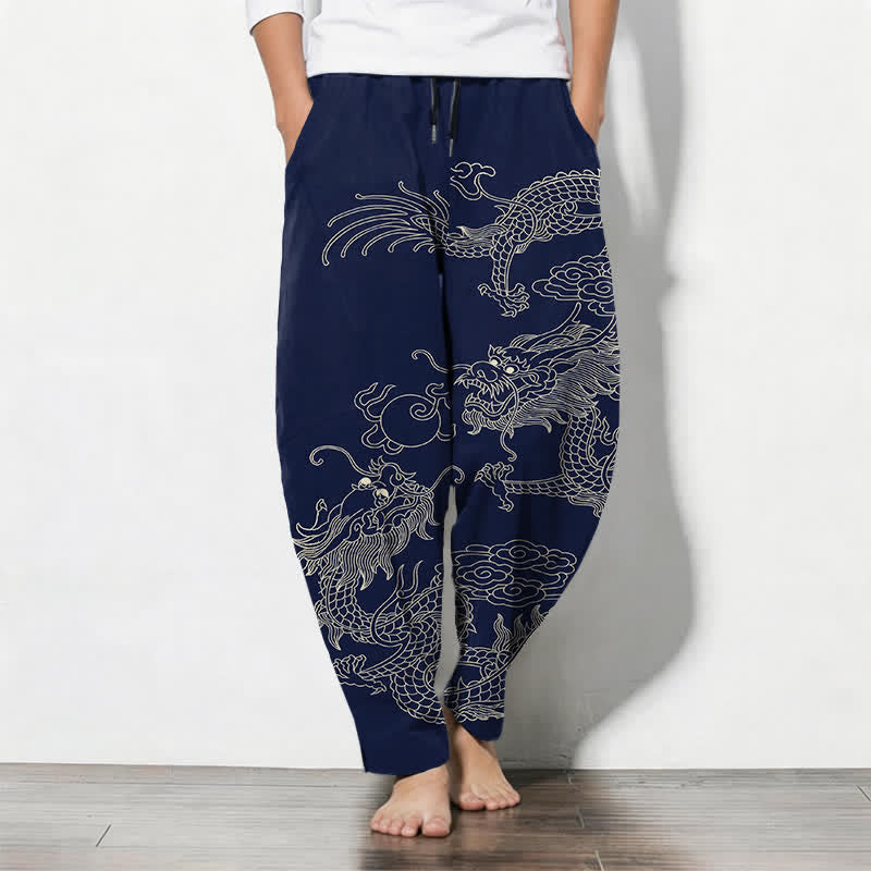 Buddha Stones Pantalones de hombre de algodón puro con estampado de dragón imperial, cordón ajustable y corte cónico, con bolsillos. - Marina de guerra - US/UK/AU50, EU60 (5XL) - image 7