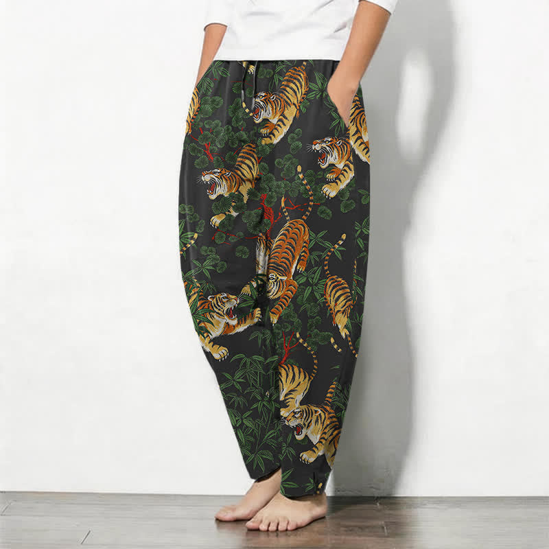 Buddha Stones Pantalones de hombre de algodón puro con estampado de hojas de bambú y tigre, con cordón ajustable y bolsillos. - image 1