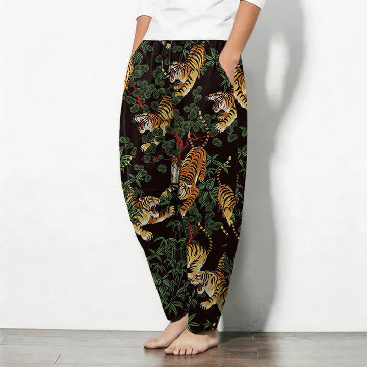 Buddha Stones Pantalones de hombre de algodón puro con estampado de hojas de bambú y tigre, con cordón ajustable y bolsillos. - image 8
