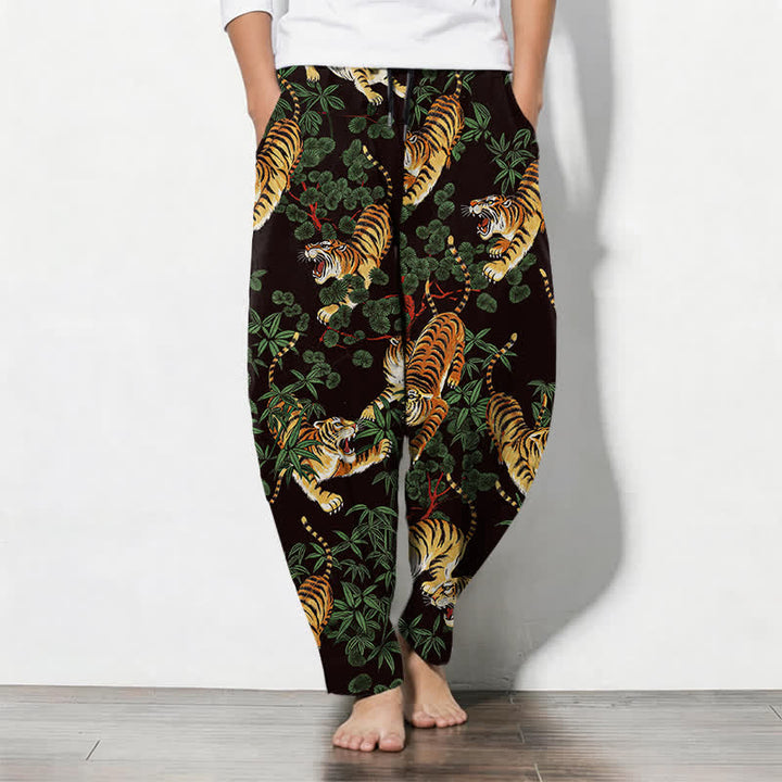 Buddha Stones Pantalones de hombre de algodón puro con estampado de hojas de bambú y tigre, con cordón ajustable y bolsillos. - Marrón silla de montar - US/UK/AU50, EU60 (5XL) - image 7