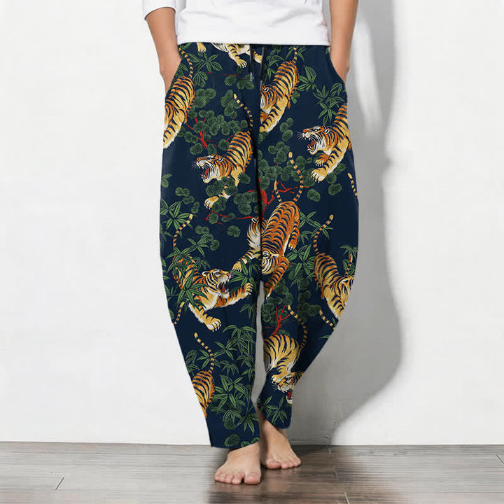 Buddha Stones Pantalones de hombre de algodón puro con estampado de hojas de bambú y tigre, con cordón ajustable y bolsillos. - Marina de guerra - US/UK/AU50, EU60 (5XL) - image 11