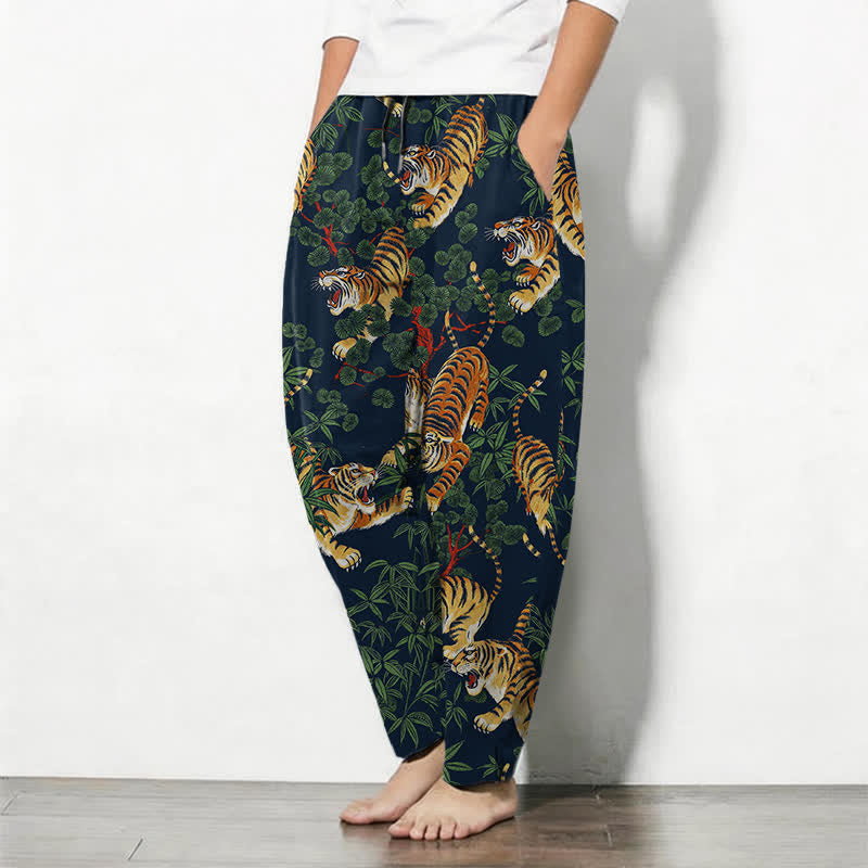 Buddha Stones Pantalones de hombre de algodón puro con estampado de hojas de bambú y tigre, con cordón ajustable y bolsillos. - image 12