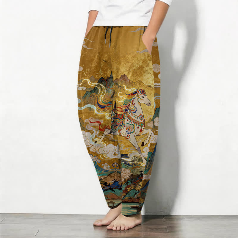 Buddha Stones Pantalones de hombre de algodón puro con estampado de caballo blanco, cordón ajustable y corte cónico, con bolsillos. - image 1