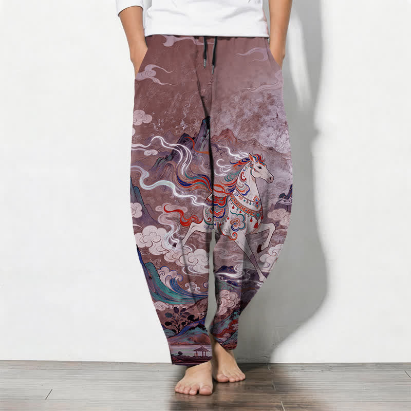 Buddha Stones Pantalones de hombre de algodón puro con estampado de caballo blanco, cordón ajustable y corte cónico, con bolsillos. - Ciruela - US/UK/AU50, EU60 (5XL) - image 11