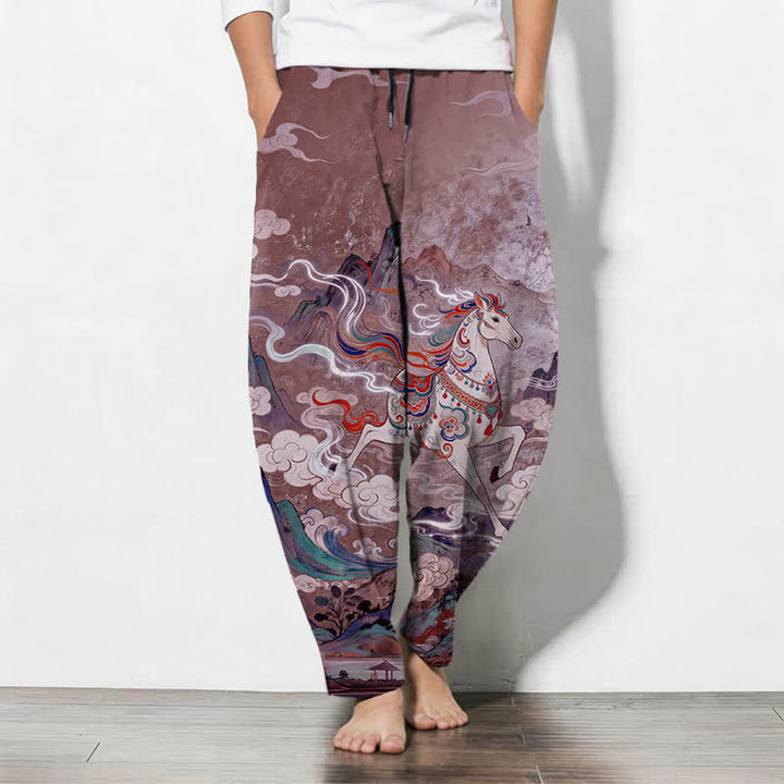 Buddha Stones Pantalones de hombre de algodón puro con estampado de caballo blanco, cordón ajustable y corte cónico, con bolsillos. - Ciruela - US/UK/AU50, EU60 (5XL) - image 11