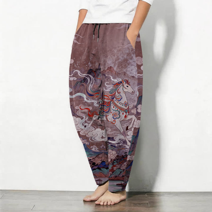 Buddha Stones Pantalones de hombre de algodón puro con estampado de caballo blanco, cordón ajustable y corte cónico, con bolsillos. - image 12