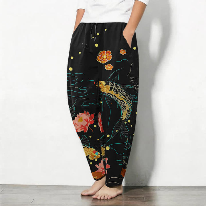 Buddha Stones Pantalones de hombre de algodón puro con estampado de olas de loto y carpa dorada, cordón ajustable y corte cónico, con bolsillos. - image 1