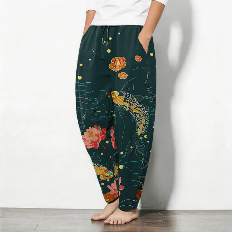 Buddha Stones Pantalones de hombre de algodón puro con estampado de olas de loto y carpa dorada, cordón ajustable y corte cónico, con bolsillos. - image 8