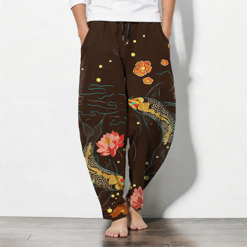 Buddha Stones Pantalones de hombre de algodón puro con estampado de olas de loto y carpa dorada, cordón ajustable y corte cónico, con bolsillos. - Marrón silla de montar - US/UK/AU50, EU60 (5XL) - image 11