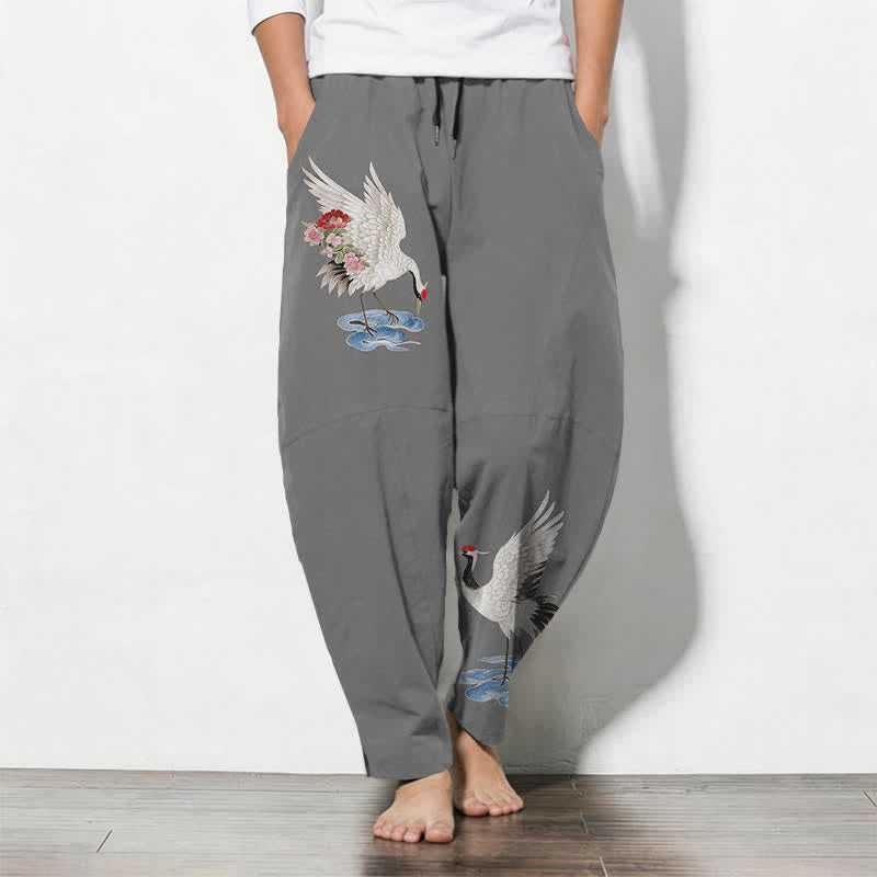 Buddha Stones Pantalones de hombre de algodón puro con estampado de grullas y corona roja, con cordón ajustable y bolsillos. - Gris - US/UK/AU50, EU60 (5XL) - image 7