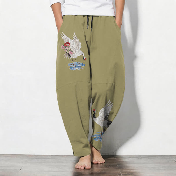 Buddha Stones Pantalones de hombre de algodón puro con estampado de grullas y corona roja, con cordón ajustable y bolsillos. - Aceituna - US/UK/AU50, EU60 (5XL) - image 11