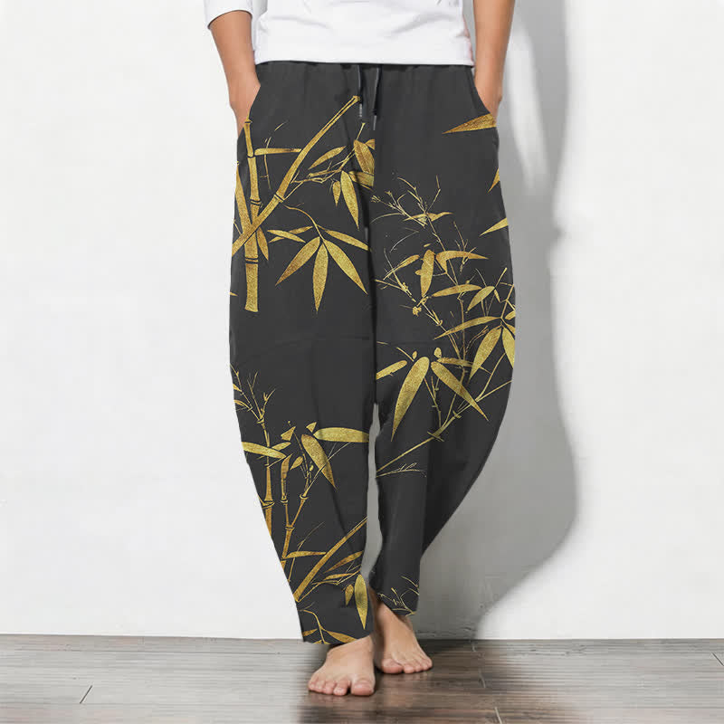 Buddha Stones Pantalones de hombre de algodón puro con estampado de bambú dorado, cordón ajustable y corte cónico, con bolsillos. - Negro - US/UK/AU50, EU60 (5XL) - image 7