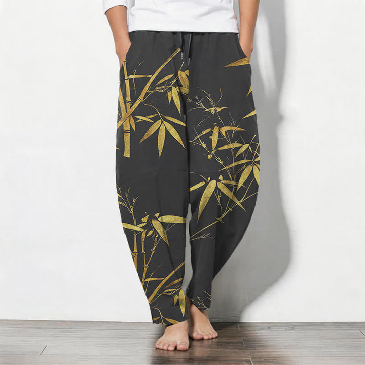 Buddha Stones Pantalones de hombre de algodón puro con estampado de bambú dorado, cordón ajustable y corte cónico, con bolsillos. - Negro - US/UK/AU50, EU60 (5XL) - image 7