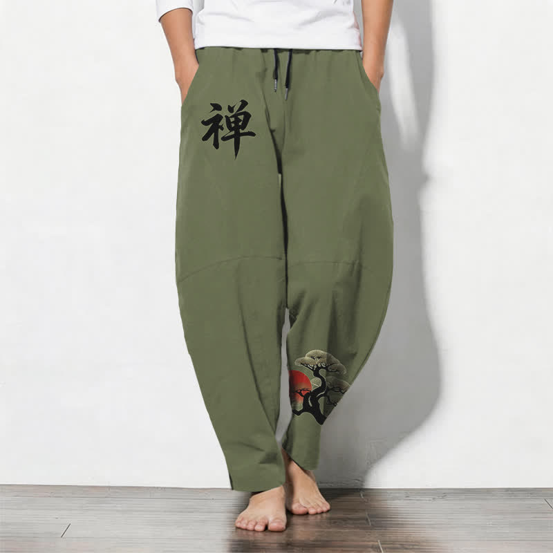 Buddha Stones Pantalones de hombre de algodón puro con estampado Zen Bonsai Sunset, cordón ajustable y corte cónico, con bolsillos. - Verde oliva - US/UK/AU50, EU60 (5XL) - image 7