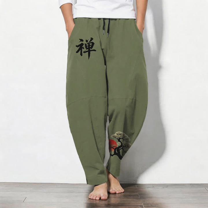 Buddha Stones Pantalones de hombre de algodón puro con estampado Zen Bonsai Sunset, cordón ajustable y corte cónico, con bolsillos. - Verde oliva - US/UK/AU50, EU60 (5XL) - image 7
