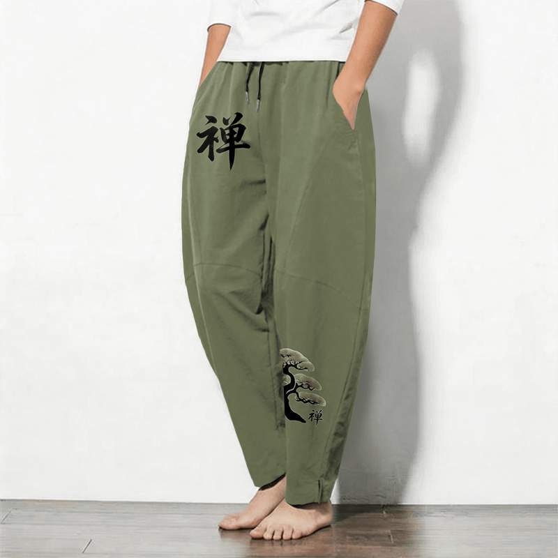 Buddha Stones Pantalones de hombre de algodón puro con estampado Zen Bonsai Sunset, cordón ajustable y corte cónico, con bolsillos. - image 8