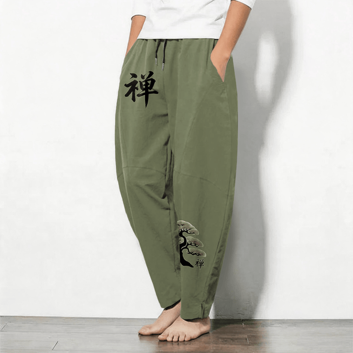 Buddha Stones Pantalones de hombre de algodón puro con estampado Zen Bonsai Sunset, cordón ajustable y corte cónico, con bolsillos. - image 8