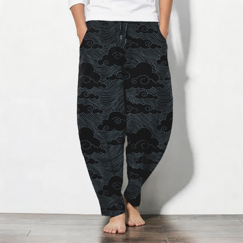 Buddha Stones Pantalones de hombre de algodón puro con estampado de nubes y olas japonesas, con cordón ajustable y corte cónico, bolsillos. - Negro - US/UK/AU50, EU60 (5XL) - image 0