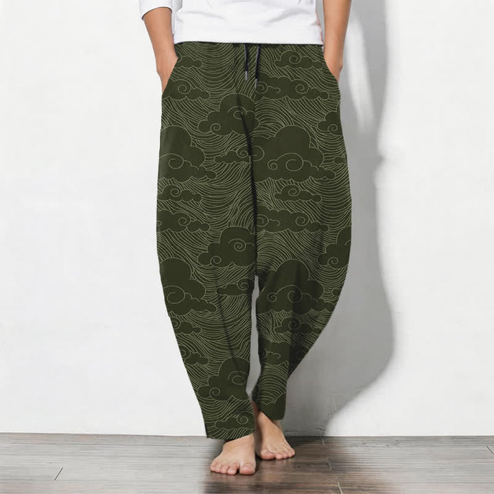 Buddha Stones Pantalones de hombre de algodón puro con estampado de nubes y olas japonesas, con cordón ajustable y corte cónico, bolsillos. - Verde oliva oscuro - US/UK/AU50, EU60 (5XL) - image 7