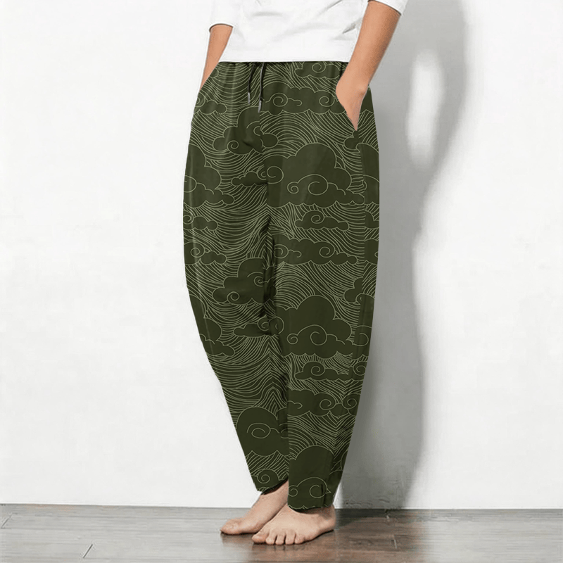 Buddha Stones Pantalones de hombre de algodón puro con estampado de nubes y olas japonesas, con cordón ajustable y corte cónico, bolsillos. - image 8