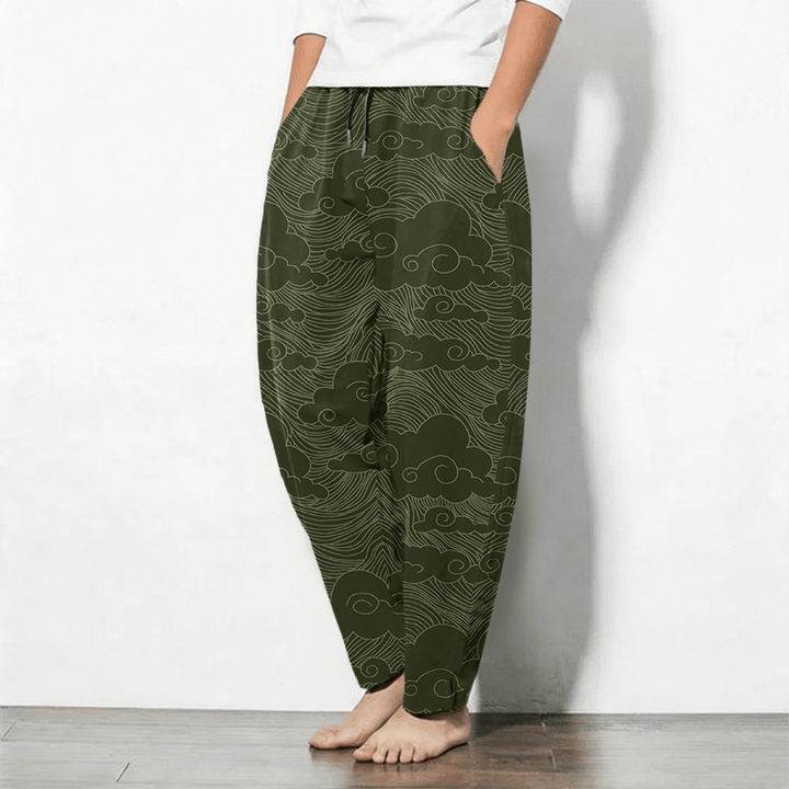 Buddha Stones Pantalones de hombre de algodón puro con estampado de nubes y olas japonesas, con cordón ajustable y corte cónico, bolsillos. - image 8