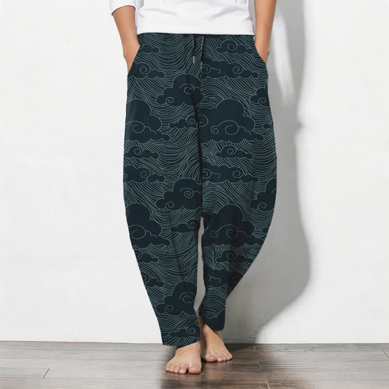 Buddha Stones Pantalones de hombre de algodón puro con estampado de nubes y olas japonesas, con cordón ajustable y corte cónico, bolsillos. - Verde azulado - US/UK/AU50, EU60 (5XL) - image 11