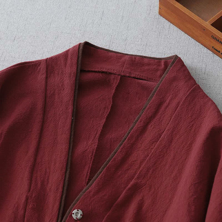 Buddha Stones Kimono de mujer liso con cuello en V, estilo Tang vintage, con nudo y botones, ideal para primavera y otoño. - image 2