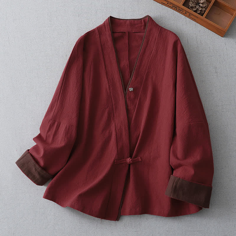 Buddha Stones Kimono de mujer liso con cuello en V, estilo Tang vintage, con nudo y botones, ideal para primavera y otoño. - Ladrillo refractario - US8-10, UK/AU12-14, EU40-42 (2XL) - image 0