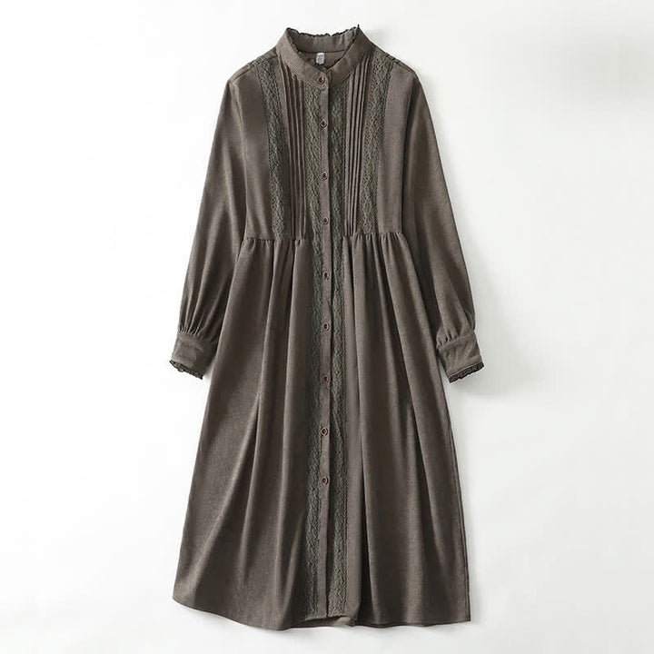 Buddha Stones Vestido de manga larga liso para mujer, estilo Tang vintage, con botones, ribete plisado y bolsillo, ideal para primavera y otoño. - Aceituna - US14, UK/AU18, EU46 (2XL) - image 0