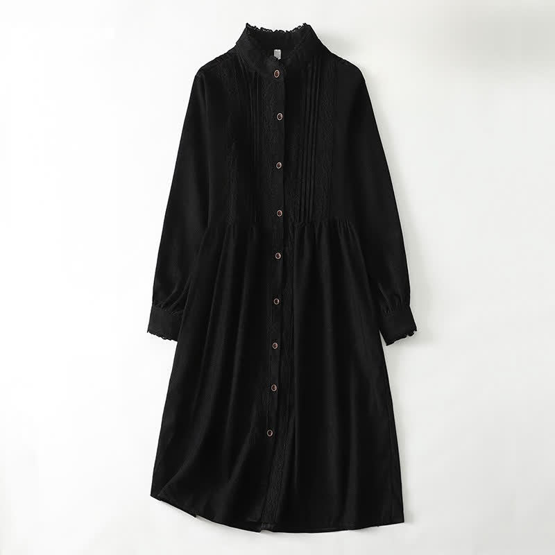 Buddha Stones Vestido de manga larga liso para mujer, estilo Tang vintage, con botones, ribete plisado y bolsillo, ideal para primavera y otoño. - Negro - US14, UK/AU18, EU46 (2XL) - image 12