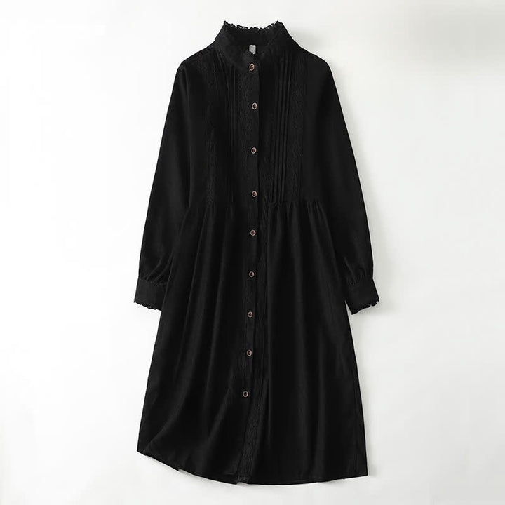Buddha Stones Vestido de manga larga liso para mujer, estilo Tang vintage, con botones, ribete plisado y bolsillo, ideal para primavera y otoño. - Negro - US14, UK/AU18, EU46 (2XL) - image 12