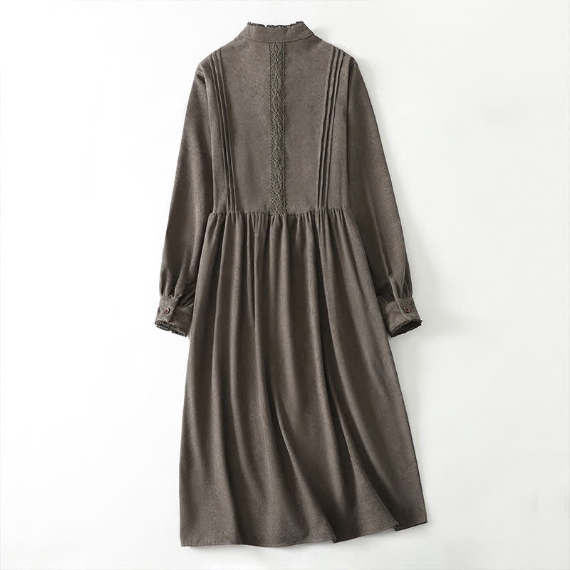Buddha Stones Vestido de manga larga liso para mujer, estilo Tang vintage, con botones, ribete plisado y bolsillo, ideal para primavera y otoño. - image 1