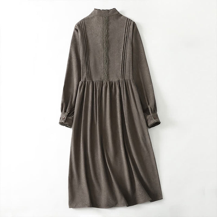 Buddha Stones Vestido de manga larga liso para mujer, estilo Tang vintage, con botones, ribete plisado y bolsillo, ideal para primavera y otoño. - image 1