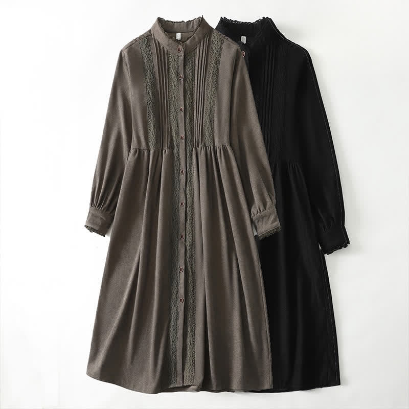 Buddha Stones Vestido de manga larga liso para mujer, estilo Tang vintage, con botones, ribete plisado y bolsillo, ideal para primavera y otoño. - image 23
