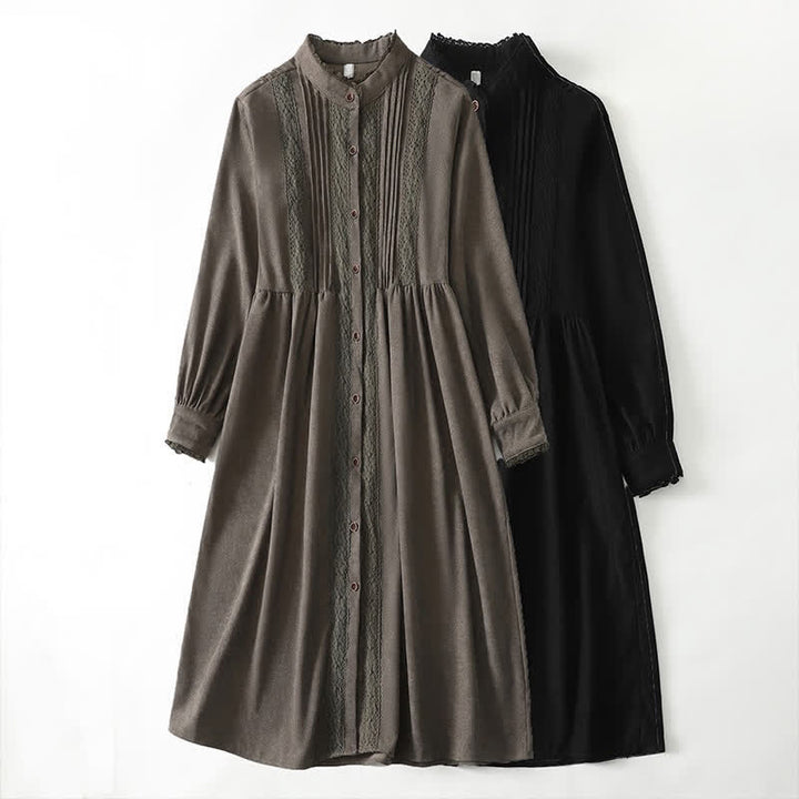 Buddha Stones Vestido de manga larga liso para mujer, estilo Tang vintage, con botones, ribete plisado y bolsillo, ideal para primavera y otoño. - image 23
