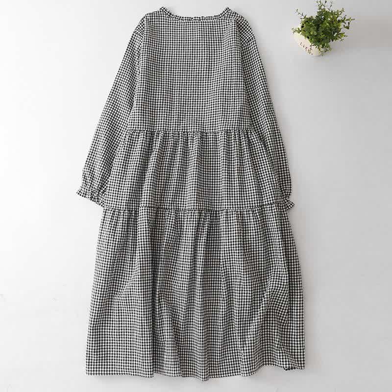 Buddha Stones Vestido de manga larga para mujer, estilo casual vintage, con volantes y estampado a cuadros, ideal para primavera y otoño. - image 1