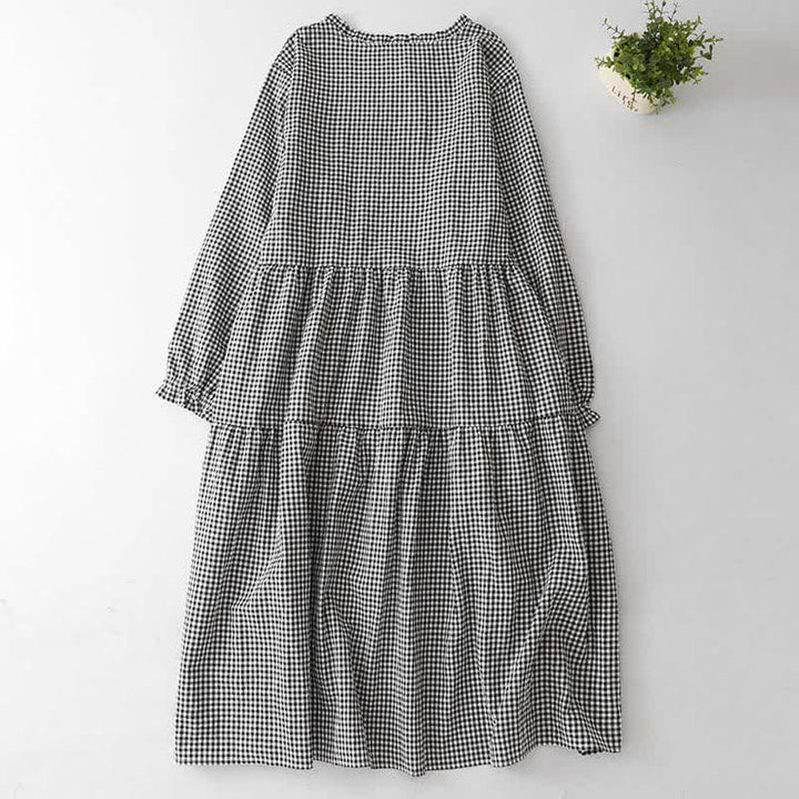 Buddha Stones Vestido de manga larga para mujer, estilo casual vintage, con volantes y estampado a cuadros, ideal para primavera y otoño. - image 1