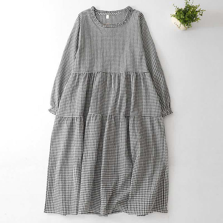 Buddha Stones Vestido de manga larga para mujer, estilo casual vintage, con volantes y estampado a cuadros, ideal para primavera y otoño. - Gainsboro - US12, UK/AU16, EU44 (2XL) - image 0