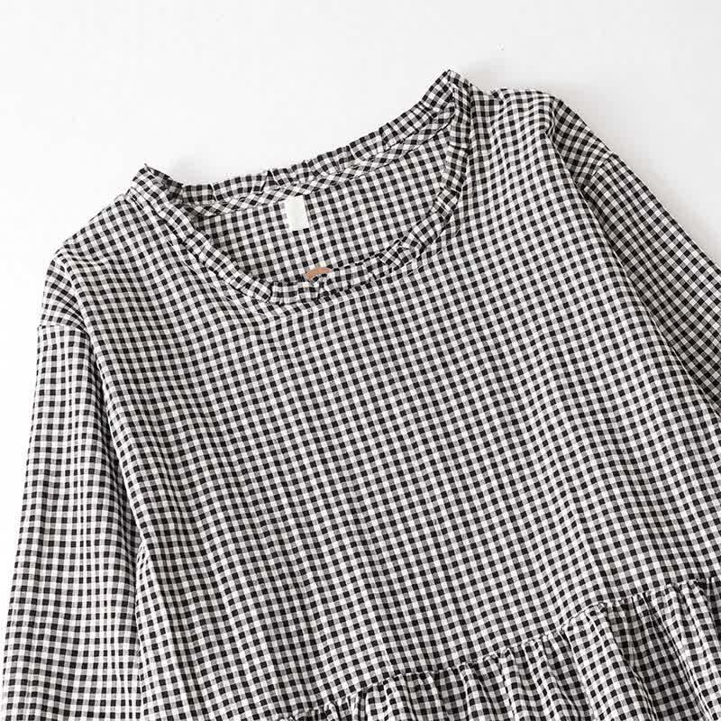 Buddha Stones Vestido de manga larga para mujer, estilo casual vintage, con volantes y estampado a cuadros, ideal para primavera y otoño. - image 2