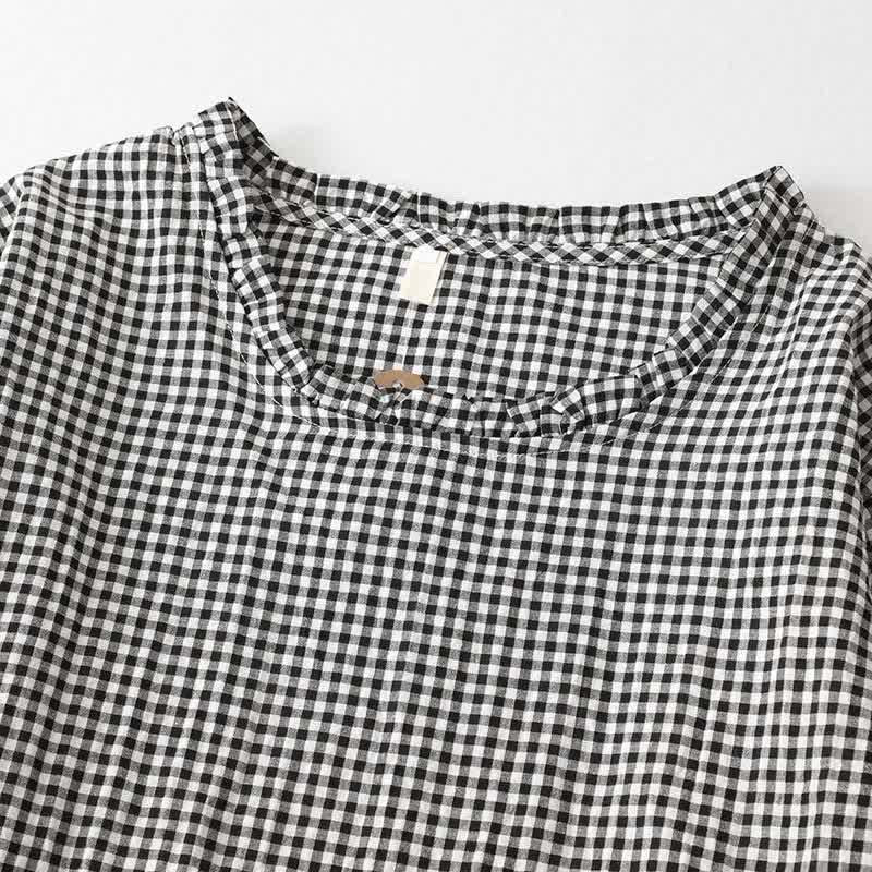 Buddha Stones Vestido de manga larga para mujer, estilo casual vintage, con volantes y estampado a cuadros, ideal para primavera y otoño. - image 3