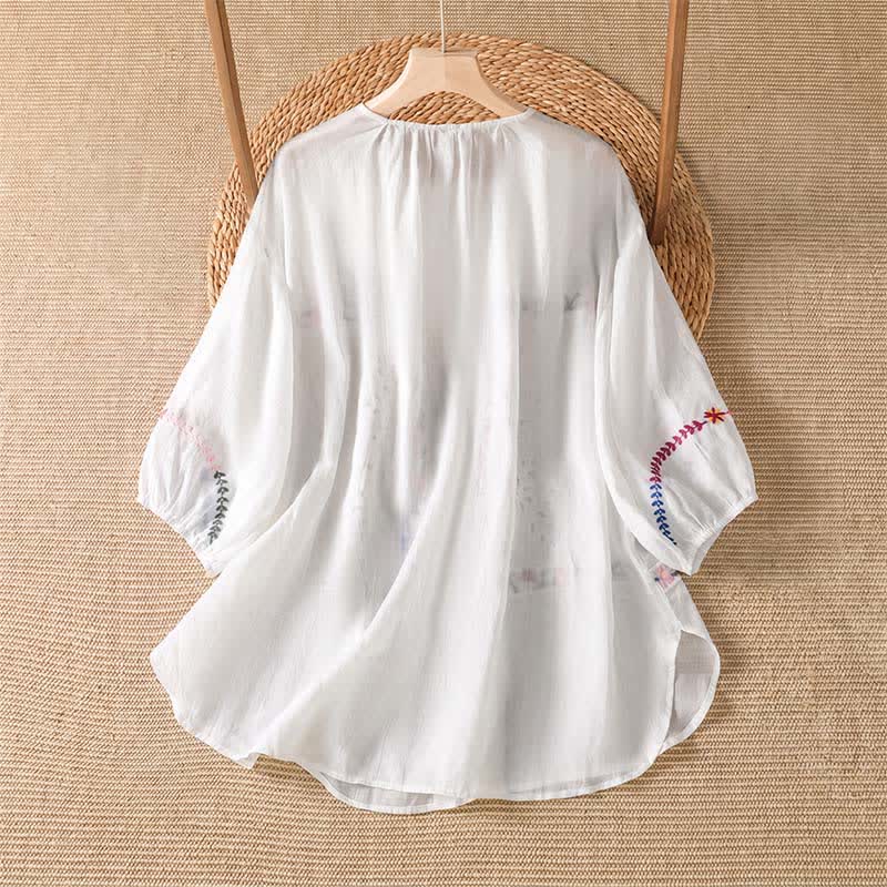 Buddha Stones Camisas de manga corta para mujer estilo boho con bordado floral, ideales para primavera y verano. - image 1