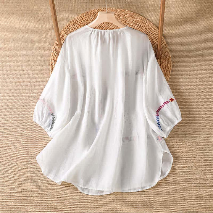 Buddha Stones Camisas de manga corta para mujer estilo boho con bordado floral, ideales para primavera y verano. - image 1