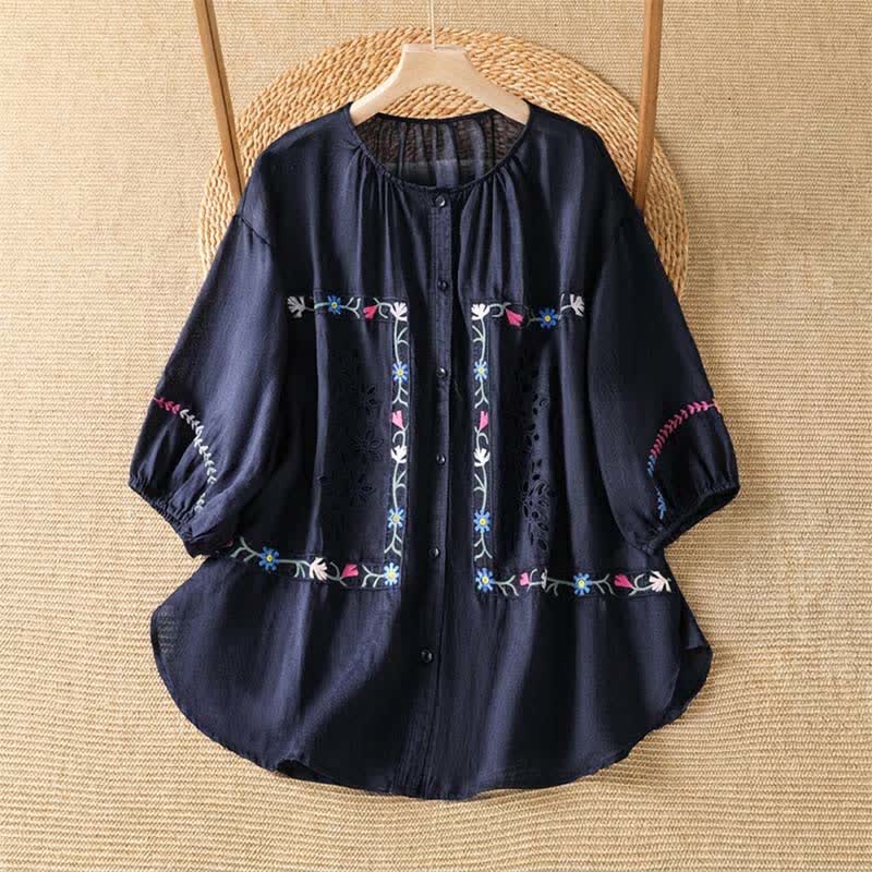 Buddha Stones Camisas de manga corta para mujer estilo boho con bordado floral, ideales para primavera y verano. - Azul medianoche - US12, UK/AU16, EU44 (2XL) - image 7