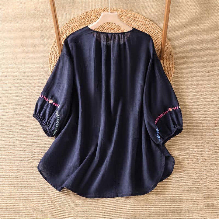 Buddha Stones Camisas de manga corta para mujer estilo boho con bordado floral, ideales para primavera y verano. - image 8