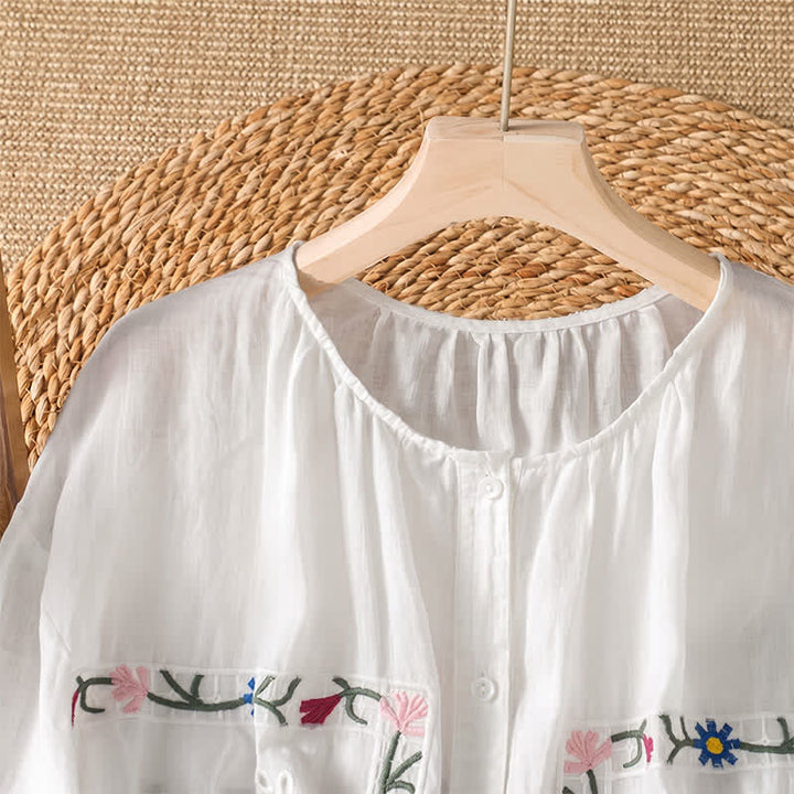 Buddha Stones Camisas de manga corta para mujer estilo boho con bordado floral, ideales para primavera y verano. - image 2